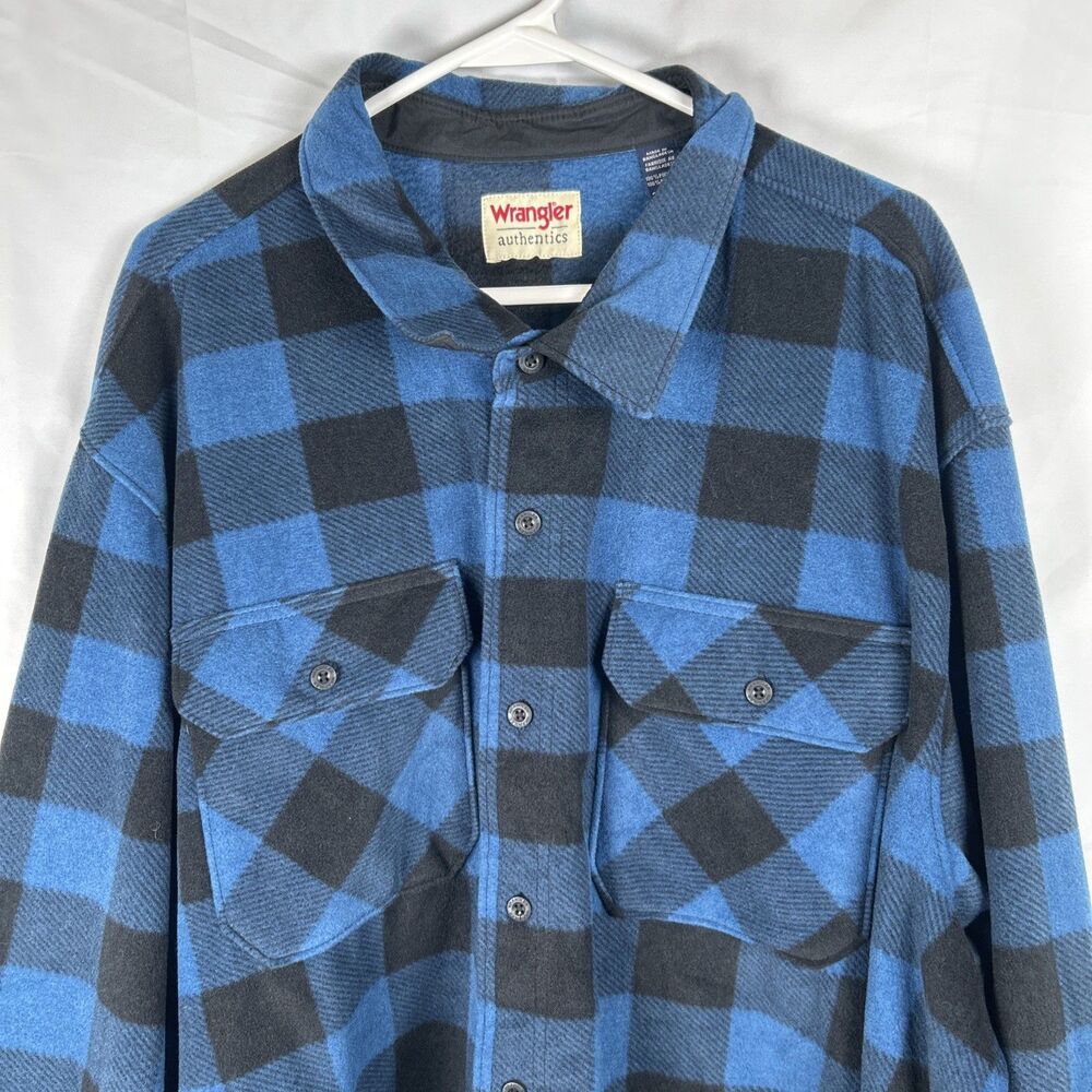 Wrangler Fleece Buffalo Plaid Shirt Mens 3XL Blue Black Soft Shacket Flannel - Picture 2 of 9